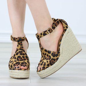 Leopard Print Platform Espadrille Wedge Heel Sandals Adjustable Ankle Strap